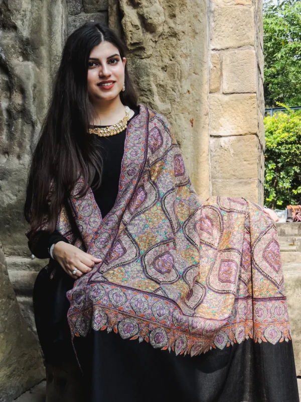 Black Pure Pashmina Shawl With Multi-Colour Sozni Jamawar Hand Embroidery Front