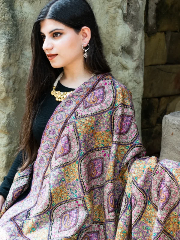 Black Pure Pashmina Shawl With Multi-Colour Sozni Jamawar Hand Embroidery
