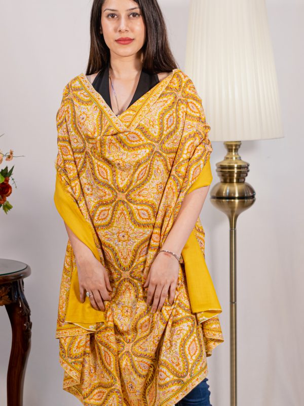 Yellow Pure Pashmina Shawl With Multi-Colour Sozni Jamawar Hand Embroidery front