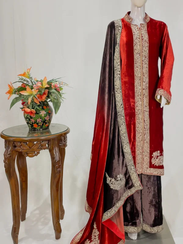 Maroon and Grey Pure Silk Velvet Ombre Salwar Suit with Tilla Embroidery