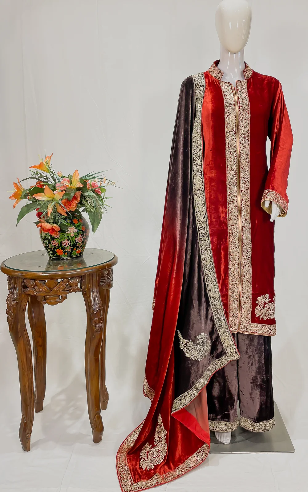 Maroon and Grey Pure Silk Velvet Ombre Salwar Suit with Tilla Embroidery