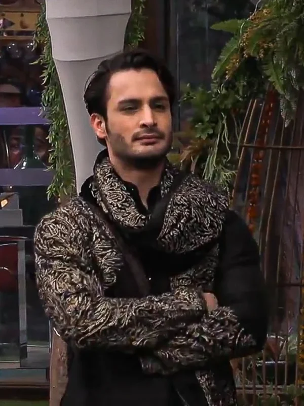 Black Raw Silk Kurta Pyjama with Velvet Shawl with Kashmiri Zari Thread Embroidery