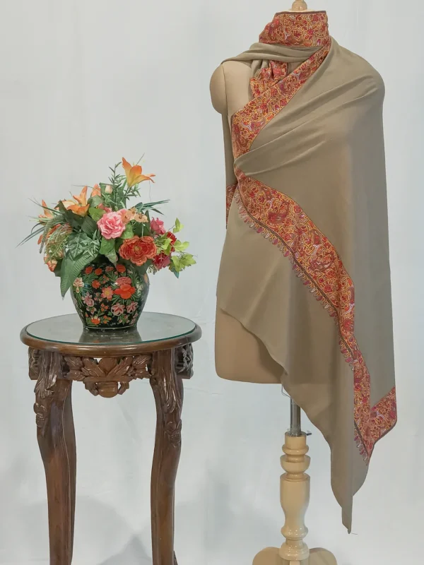 Natural Dark Beige Pure Pashmina Shawl With Sozni Hand Embroidery