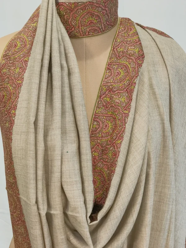 Natural Light Beige Pure Pashmina Shawl With Sozni Hand Embroidery Front