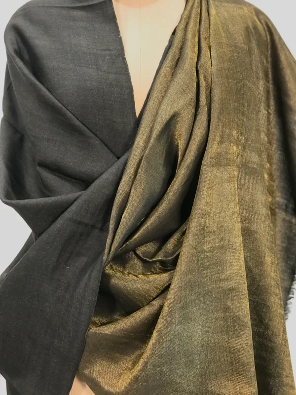 Black Pure Pashmina and Zari Wooven Reversible Shawl Front