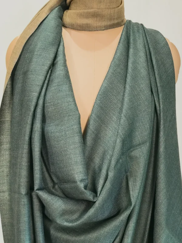 Teal Green and Camel Pure Pashmina Reversible Shawl Front
