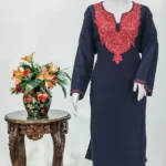 Navy Blue Woolen Phiran with Multi-Colour Aari Work
