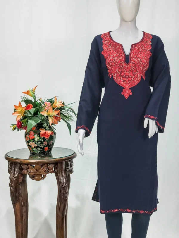 Navy Blue Woolen Phiran with Multi-Colour Aari Work