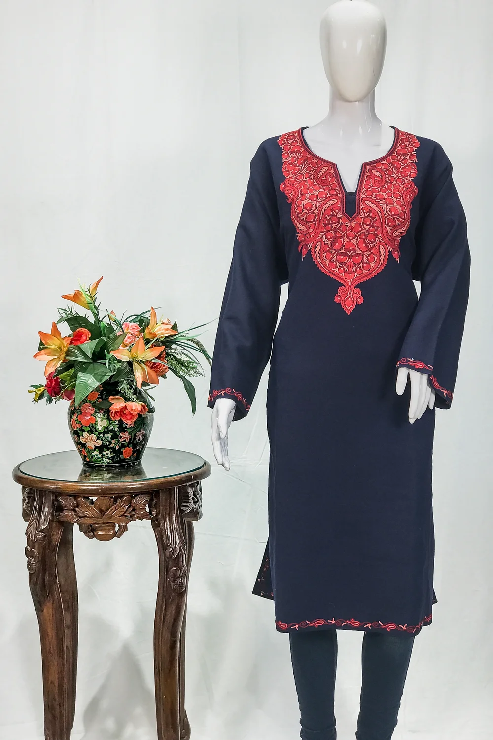 Navy Blue Woollen Phiran with Multi-Colour Aari Work | Angad Creations