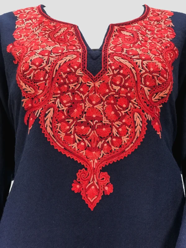 Navy Blue Woolen Phiran with Multi-Colour Aari Work Front