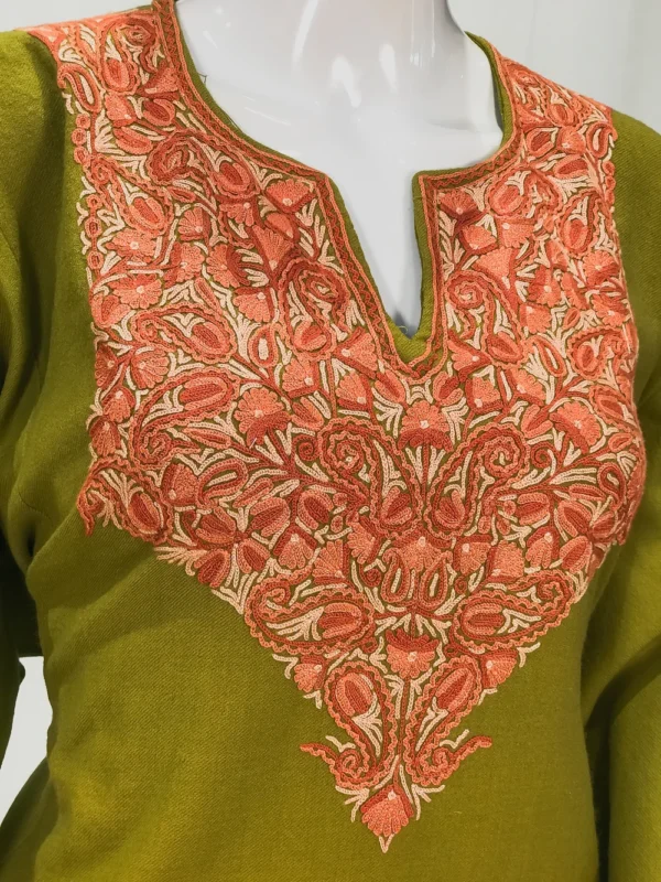 Green Woollen Phiran with Multi-Colour Aari Work Front