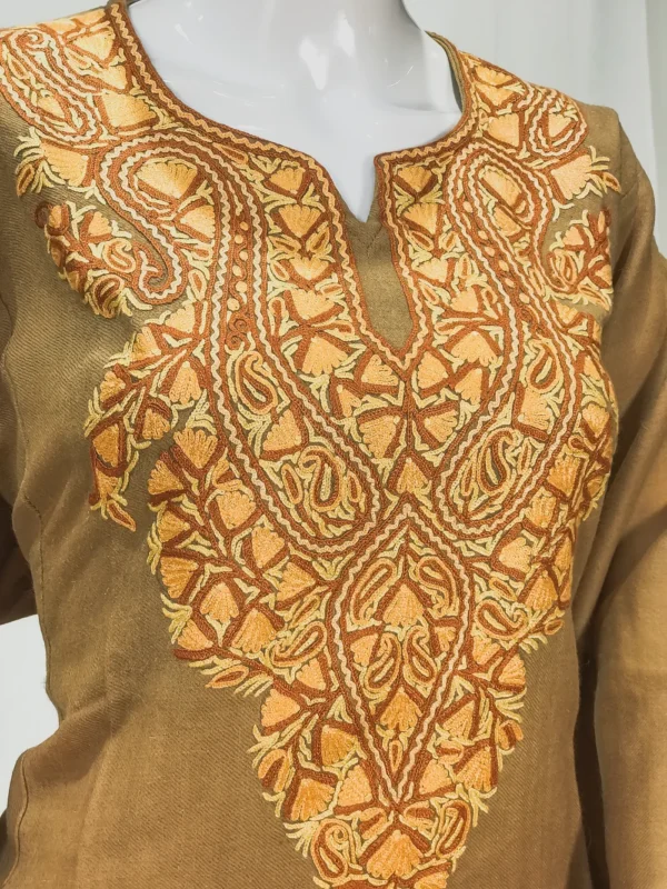 Beige Woollen Phiran with Multi-Colour Aari Work Front