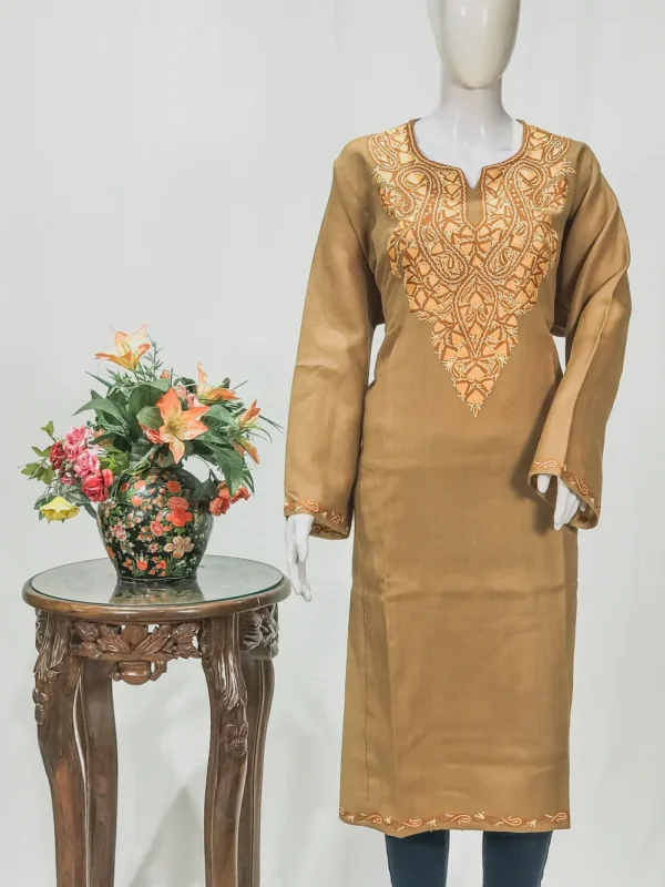 Beige Woollen Phiran with Multi-Colour Aari Work