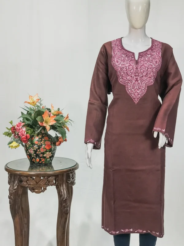 Brown Fawn Woollen Phiran with Multi-Colour Aari Work and Zari Detailing