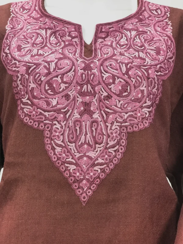 Brown Fawn Woollen Phiran with Multi-Colour Aari Work and Zari Detailing Front