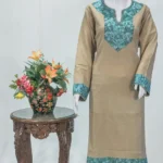 Light Beige Woollen Phiran with Multi-Colour Aari Work