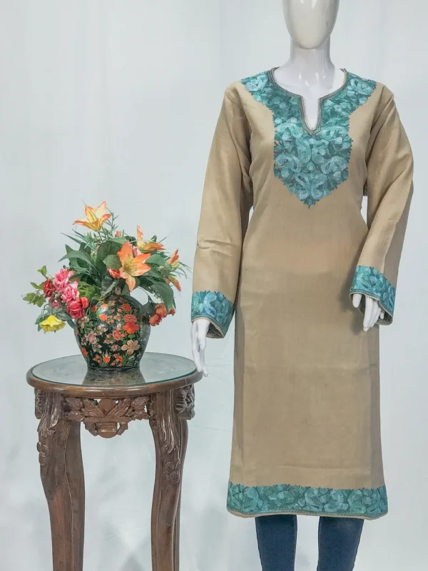 Light Beige Woollen Phiran with Multi-Colour Aari Work