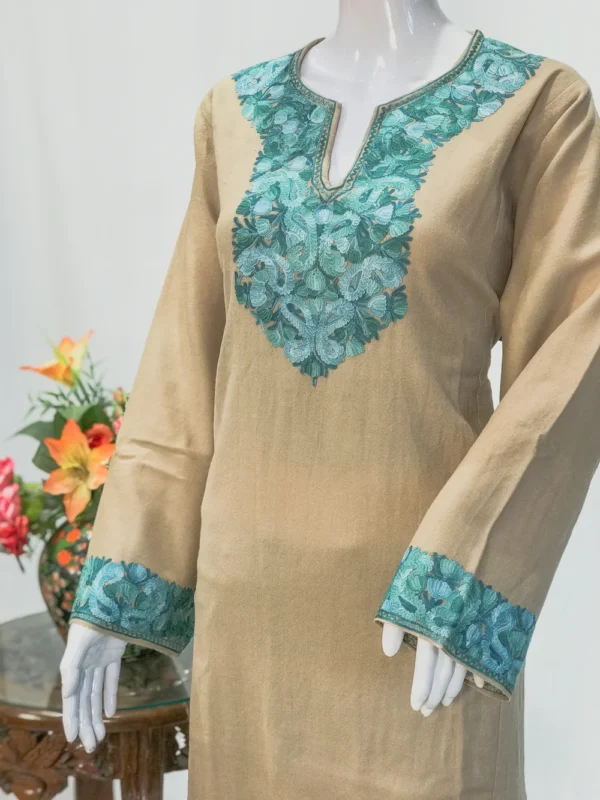 Light Beige Woollen Phiran with Multi-Colour Aari Work Front