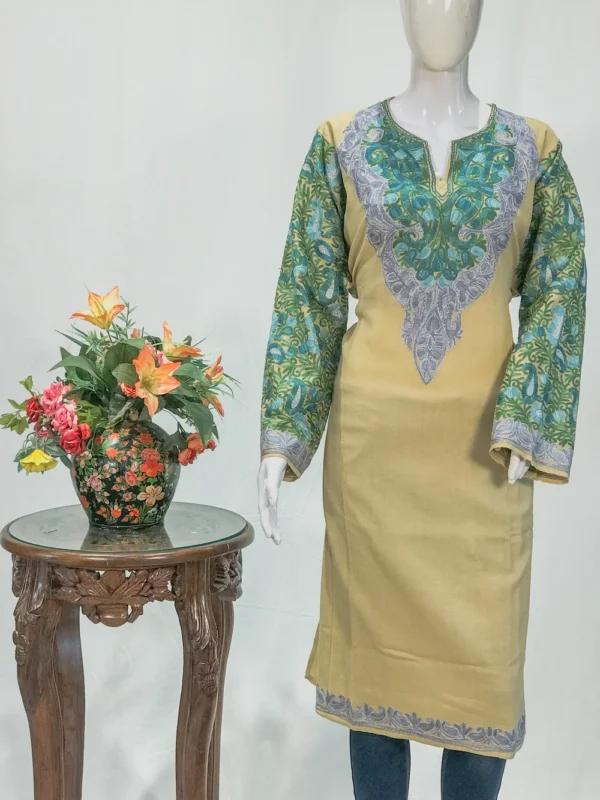 Light Fawn Woollen Phiran with Multi-Colour Aari Work and Zari Detailing