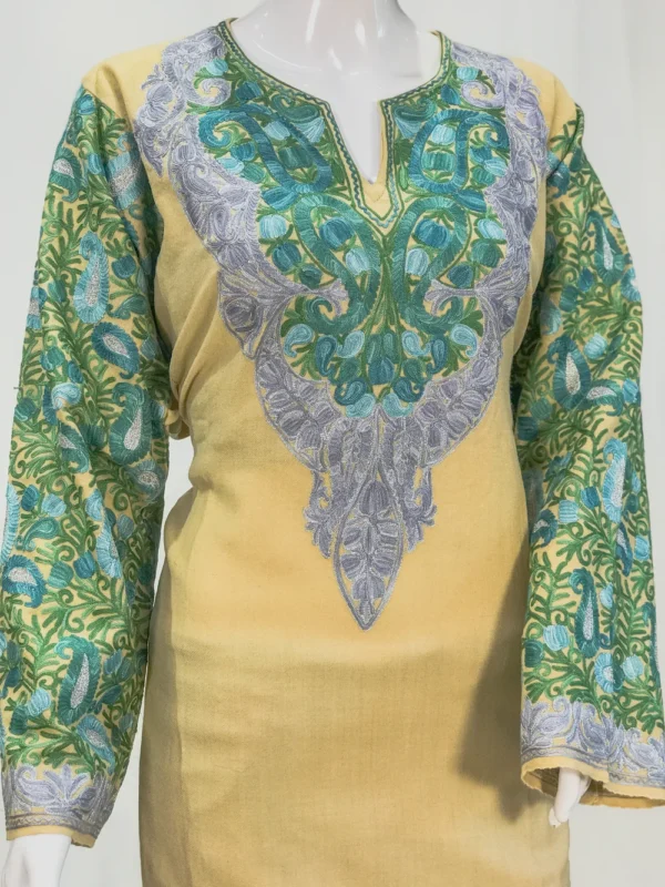Light Fawn Woollen Phiran with Multi-Colour Aari Work and Zari Detailing Front