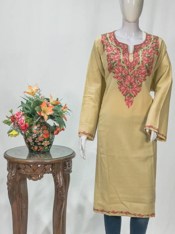 Cream Woollen Phiran with Multi-Colour Aari Work
