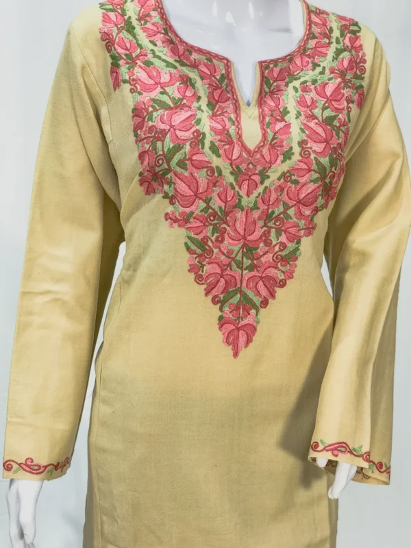 Cream Woollen Phiran with Multi-Colour Aari Work Front