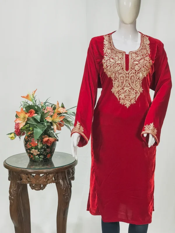 Red Velvet Phiran with Golden Zari Work