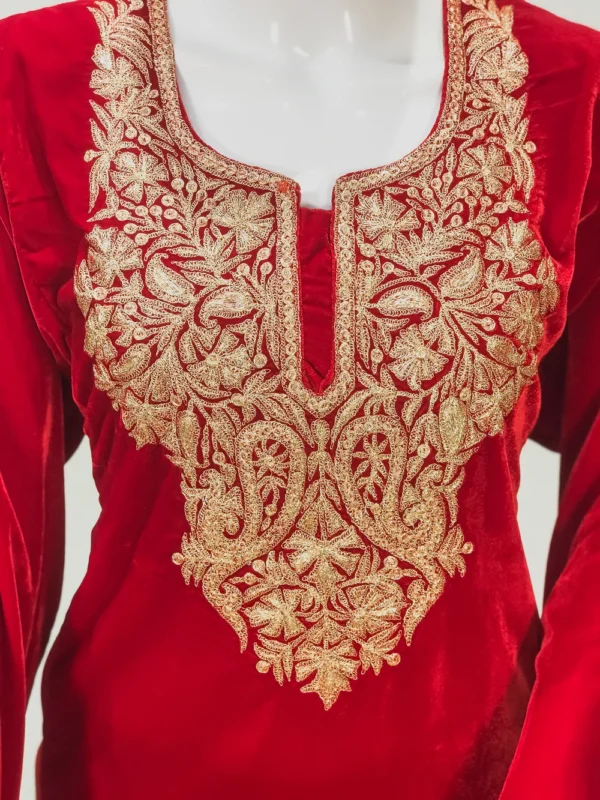 Red Velvet Phiran with Golden Zari Work Front