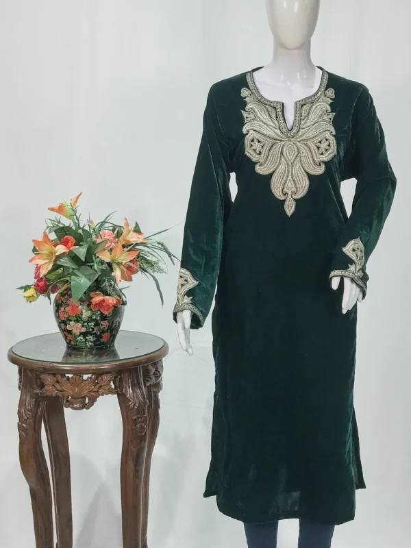 Green Velvet Phiran with Golden Zari Work