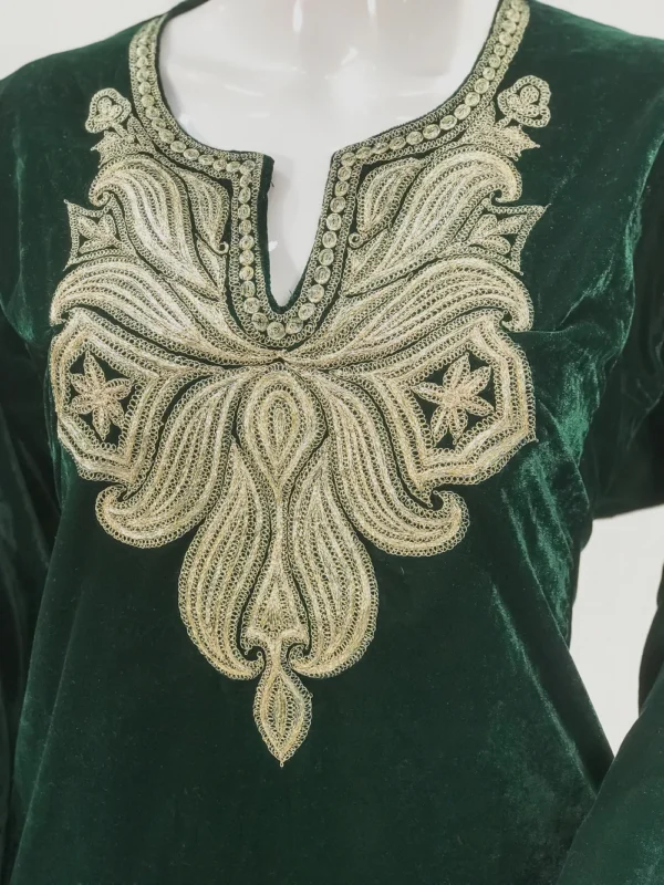 Green Velvet Phiran with Golden Zari Work Front