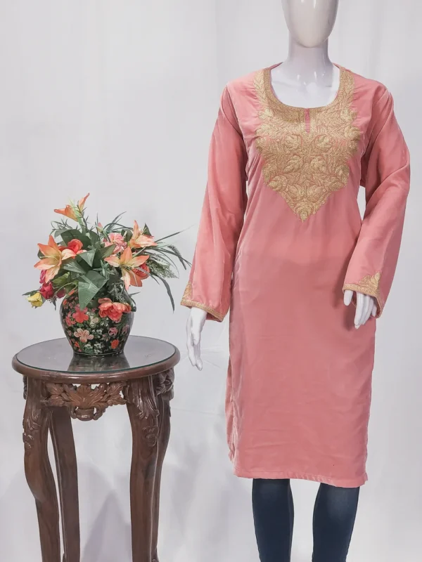 Pink Velvet Phiran with Golden Zari Work