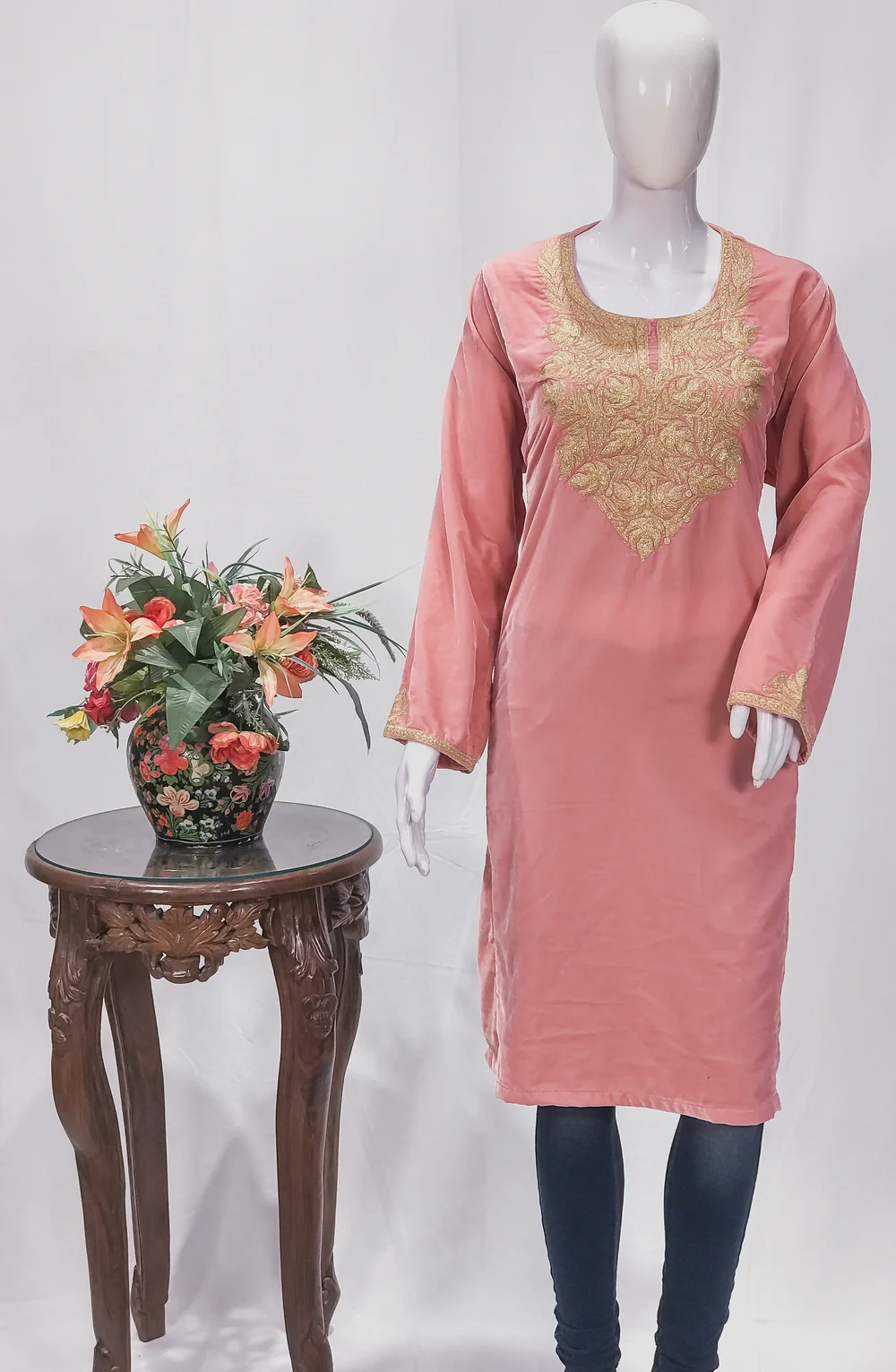 Pink Velvet Phiran with Golden Zari Work | Angad Creations