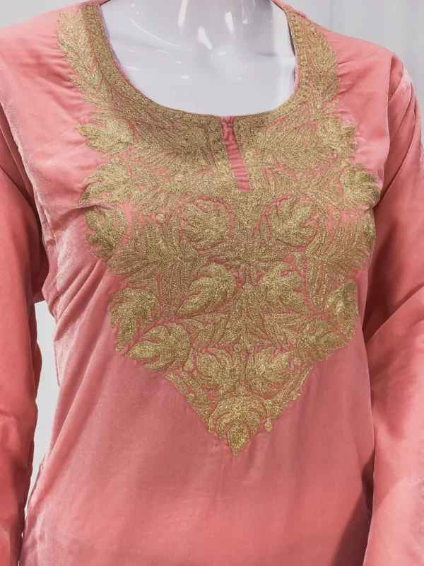 Pink Velvet Phiran with Golden Zari Work Front