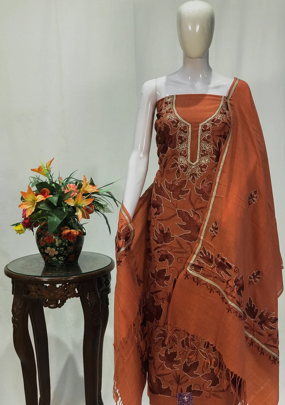 Rust Pure Wool Salwar Suit with Tilla and Aari Embroidery