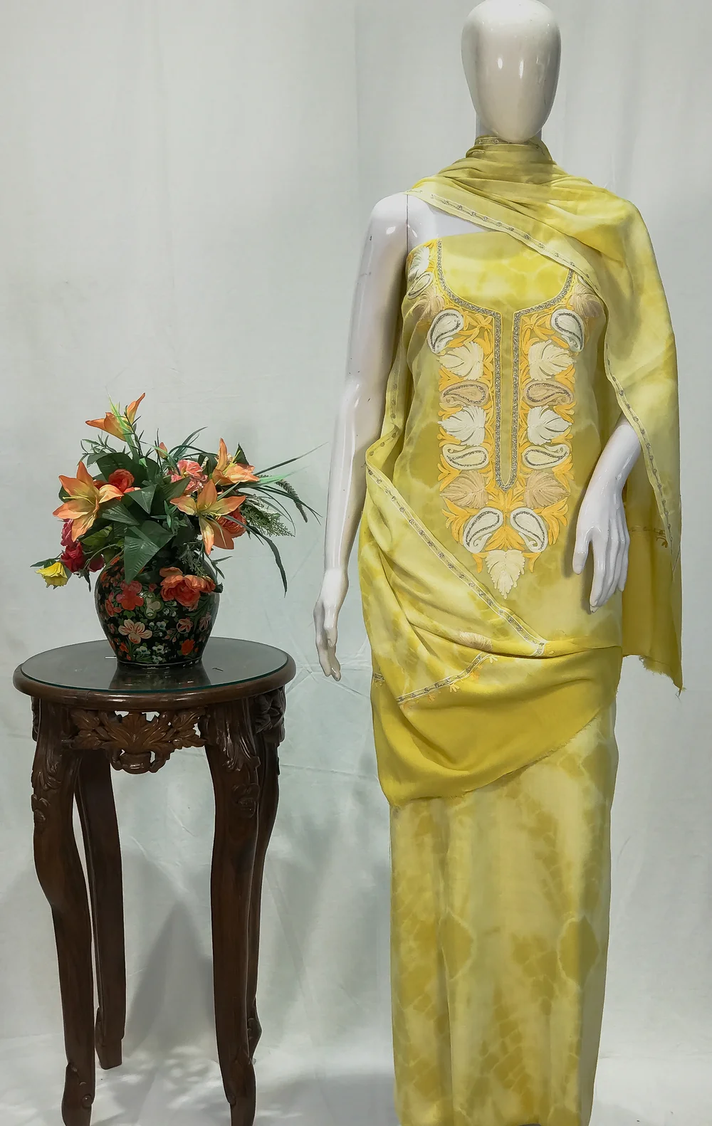 Yellow Tie & Dye Poly Wool Salwar Suit with Tilla and Aari Embroidery