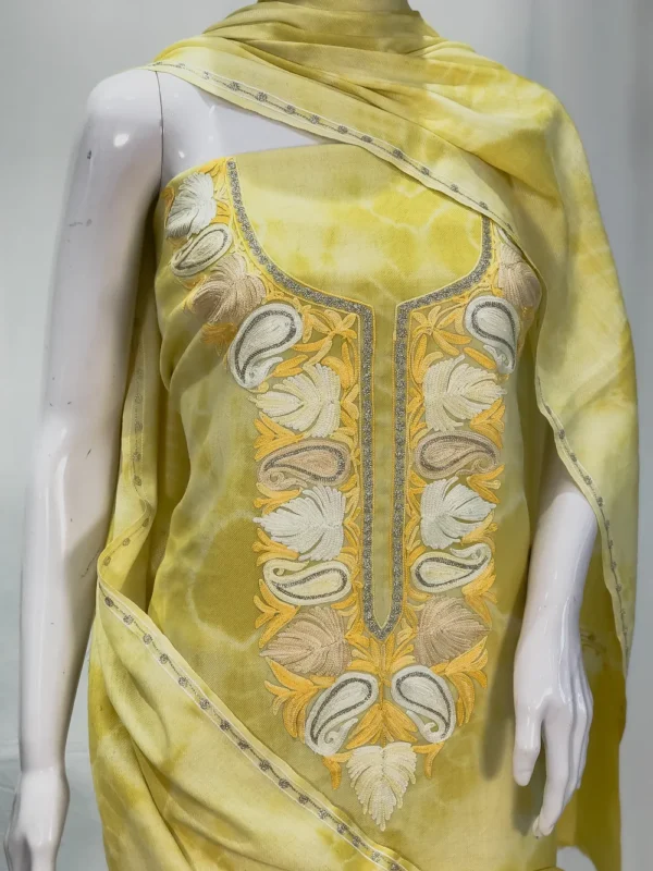 Yellow Tie & Dye Poly Wool Salwar Suit with Tilla and Aari Embroidery Front