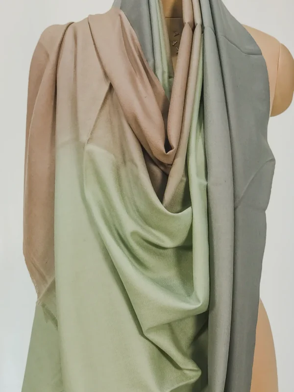 Fawn, Green and Dark Grey Pure Pashmina Ombre Shawl Front