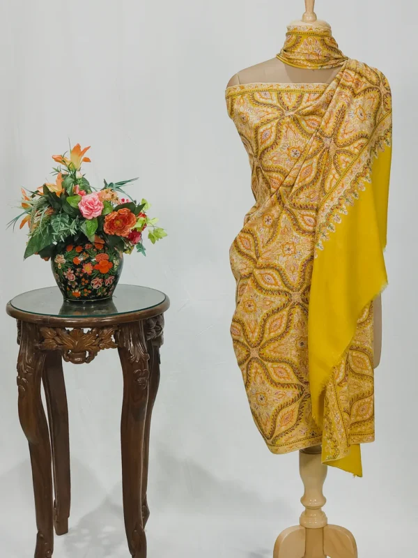 Yellow Pure Pashmina Shawl With Multi-Colour Sozni Jamawar Hand Embroidery