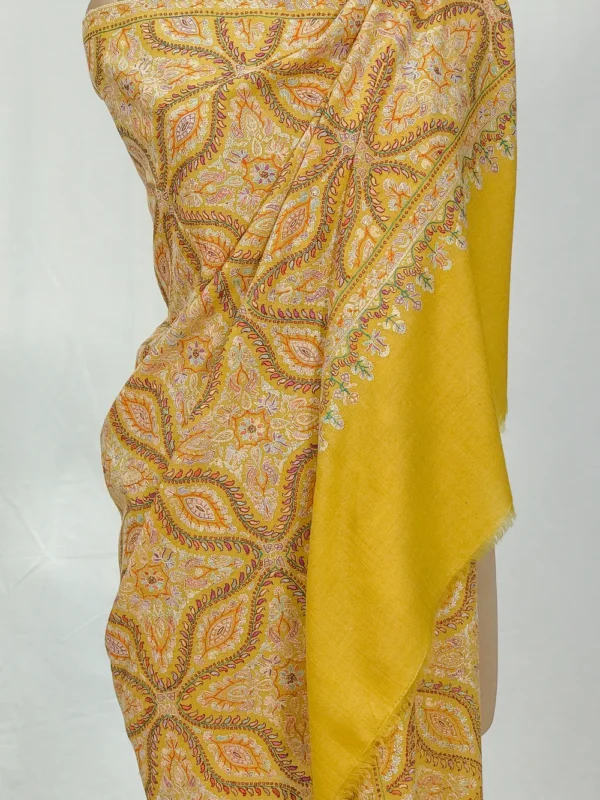 Yellow Pure Pashmina Shawl With Multi-Colour Sozni Jamawar Hand Embroidery Front