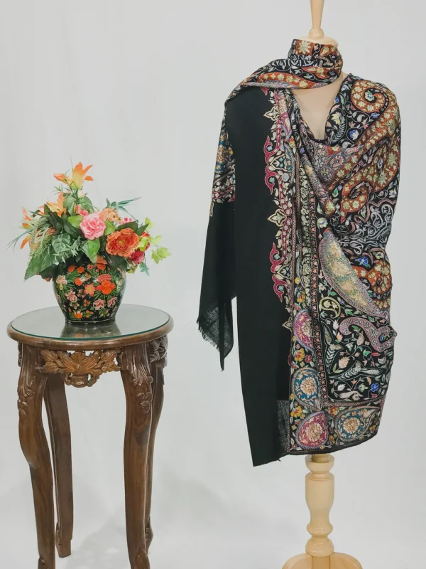 Black Pure Pashmina Shawl With Sozni and Tilla Jaal Hand Embroidery