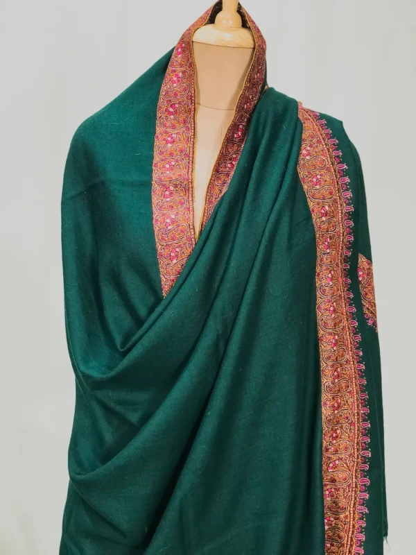 Bottle Green Pure Pashmina Shawl With Sozni Hand Embroidery Front