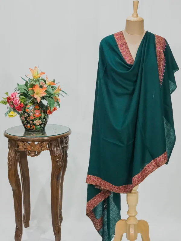 Bottle Green Pure Pashmina Shawl With Sozni Hand Embroidery