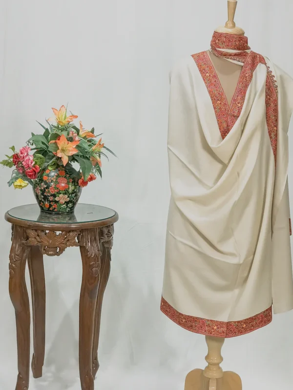 Cream White Pure Pashmina Shawl With Sozni Hand Embroidery