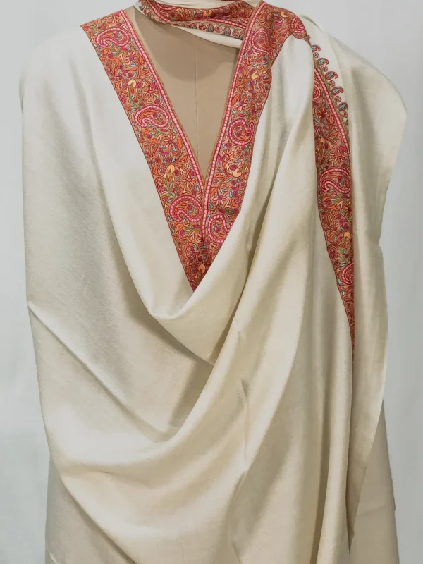 Cream White Pure Pashmina Shawl With Sozni Hand Embroidery Front