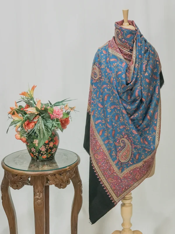 Blue And Black Pure Pashmina Shawl With Sozni And Tilla Jaal Hand Embroidery Fusion