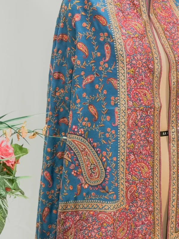 Blue And Black Pure Pashmina Shawl With Sozni And Tilla Jaal Hand Embroidery Fusion Front