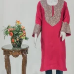 Pink Woollen Phiran with Silver Oxidised Tilla Work