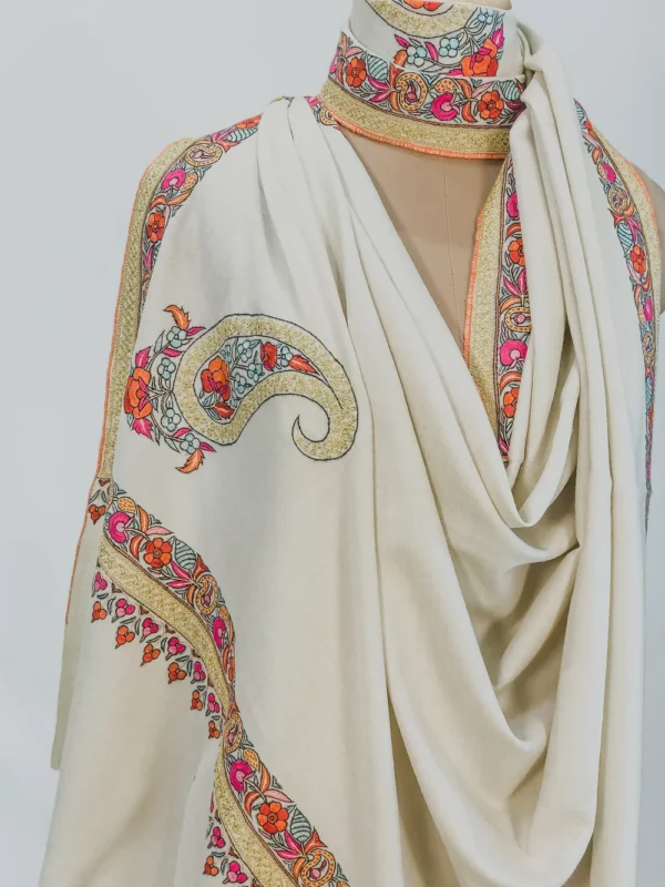 Off-White Pure Pashmina Shawl With Papier Mache And Tilla Hand Embroidery Front
