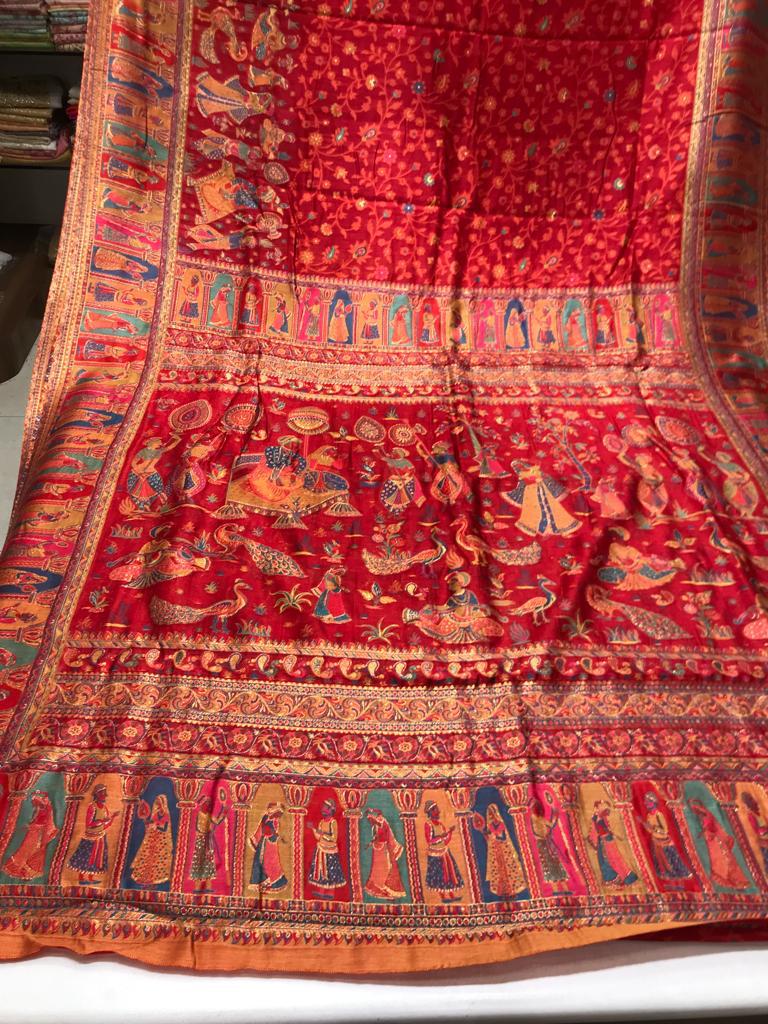 Red Modal Silk Kani Saree: Mughal Figure Design