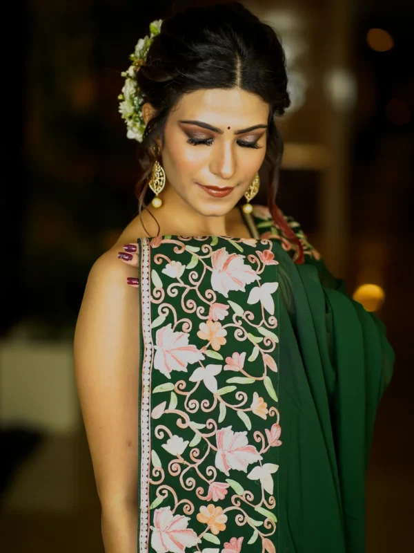 Bottle Green Saree with Pastel Chinar Border Embroidery close up